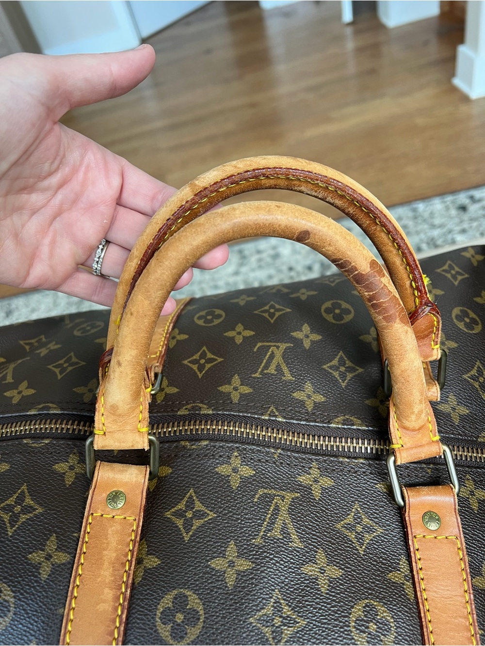 Louis Vuitton Brown Monogram Travel Duffel with Tan Leather Trim - Picture 4 of 7
